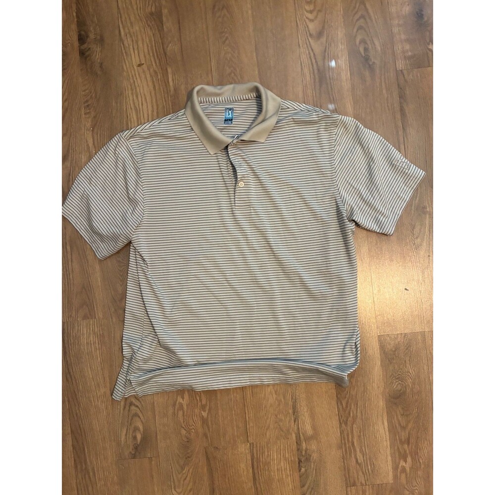 PGA TOUR Mens Golf Polo Shirt Large Beige Striped Short Sleeve Athletic Casual
